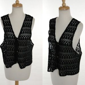 Vintage 70s Black Boho Crochet Lace Vest Medium